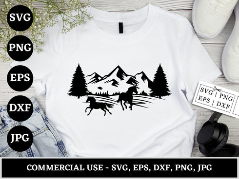 Wild Horse Mountain SVG | Horse Mountain Silhouette SVG PNG DXF EPS | Outdoor Adventure Cut Files for Cricut | Nature Vector Design