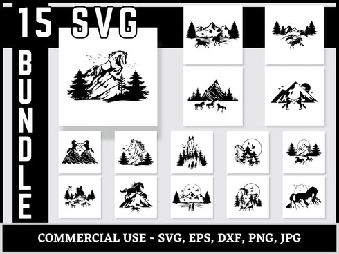 Wild Horse Mountain SVG | Horse Mountain Silhouette SVG PNG DXF EPS | Outdoor Adventure Cut Files for Cricut | Nature Vector Design