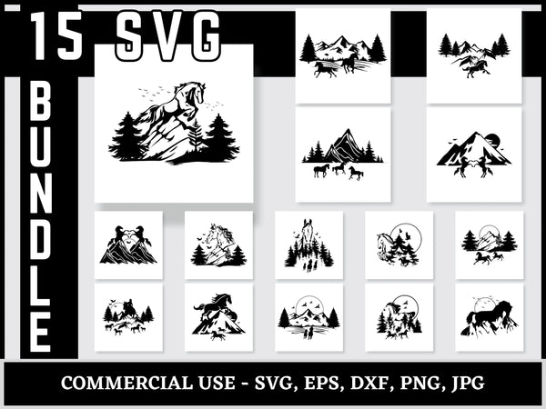 Wild Horse Mountain SVG | Horse Mountain Silhouette SVG PNG DXF EPS | Outdoor Adventure Cut Files for Cricut | Nature Vector Design