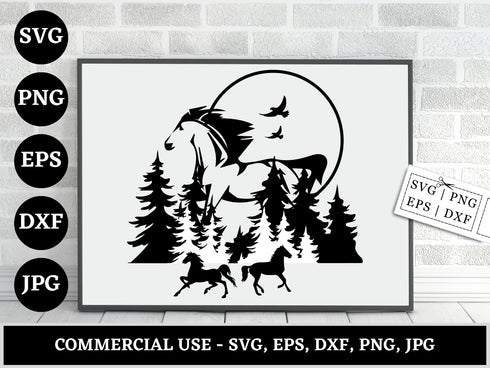 Wild Horse Mountain SVG | Horse Mountain Silhouette SVG PNG DXF EPS | Outdoor Adventure Cut Files for Cricut | Nature Vector Design