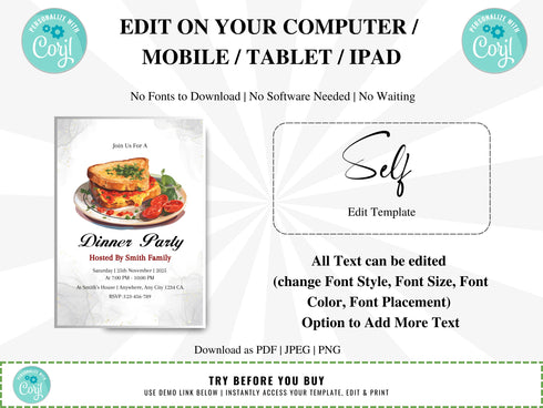 Dinner Party Invitation Template, Rehearsal Dinner Invite, Birthday Dinner Invitation, Dinner Party Invite, Editable Dinner Party