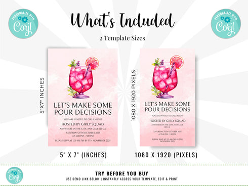 Editable Ladies Night Invitation, Ladies Night, Girls Night In, Bachelorette, Birthday, Cocktails, Pink, Print or Text Invite