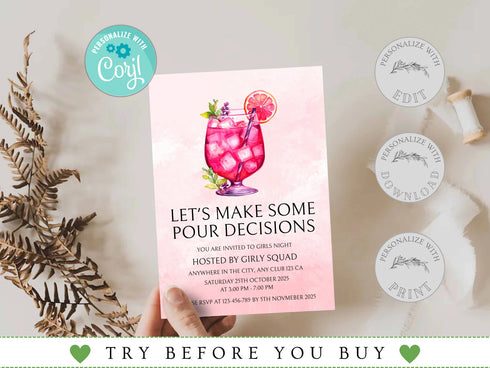Editable Ladies Night Invitation, Ladies Night, Girls Night In, Bachelorette, Birthday, Cocktails, Pink, Print or Text Invite