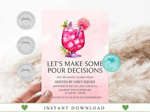 Editable Ladies Night Invitation, Ladies Night, Girls Night In, Bachelorette, Birthday, Cocktails, Pink, Print or Text Invite