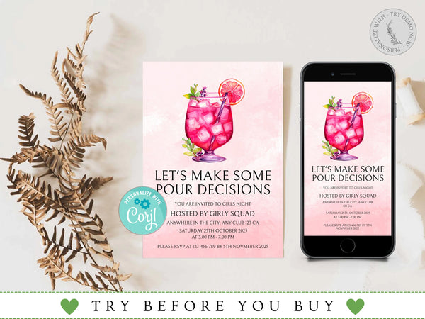 Editable Ladies Night Invitation, Ladies Night, Girls Night In, Bachelorette, Birthday, Cocktails, Pink, Print or Text Invite