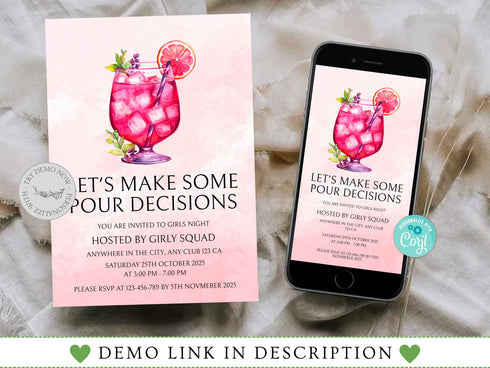 Editable Ladies Night Invitation, Ladies Night, Girls Night In, Bachelorette, Birthday, Cocktails, Pink, Print or Text Invite