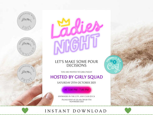 Editable Ladies Night Invitation, Ladies Night, Girls Night In, Bachelorette, Birthday, Cocktails, Pink, Print or Text Invite