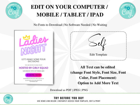 Editable Ladies Night Invitation, Ladies Night, Girls Night In, Bachelorette, Birthday, Cocktails, Pink, Print or Text Invite
