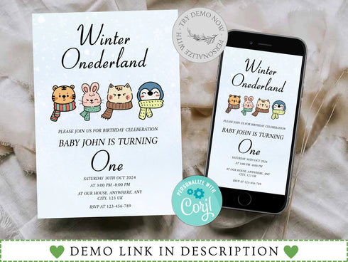 Winter Onederland First Birthday Invitation, 1st Birthday Winter Onederland Invitation, Winter Onederland Party, Winter Birthday Invitation