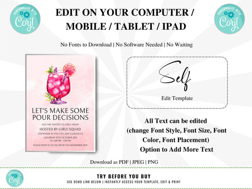 Editable Ladies Night Invitation, Ladies Night, Girls Night In, Bachelorette, Birthday, Cocktails, Pink, Print or Text Invite