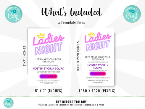 Editable Ladies Night Invitation, Ladies Night, Girls Night In, Bachelorette, Birthday, Cocktails, Pink, Print or Text Invite