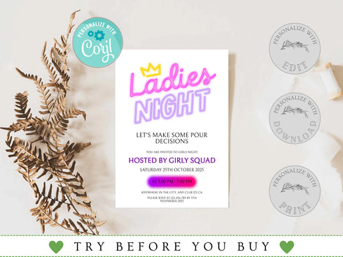 Editable Ladies Night Invitation, Ladies Night, Girls Night In, Bachelorette, Birthday, Cocktails, Pink, Print or Text Invite