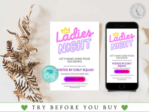 Editable Ladies Night Invitation, Ladies Night, Girls Night In, Bachelorette, Birthday, Cocktails, Pink, Print or Text Invite