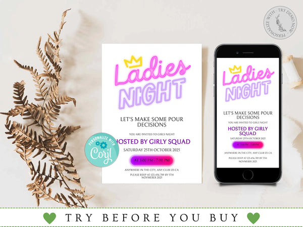Editable Ladies Night Invitation, Ladies Night, Girls Night In, Bachelorette, Birthday, Cocktails, Pink, Print or Text Invite