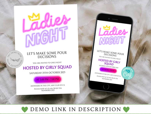 Editable Ladies Night Invitation, Ladies Night, Girls Night In, Bachelorette, Birthday, Cocktails, Pink, Print or Text Invite
