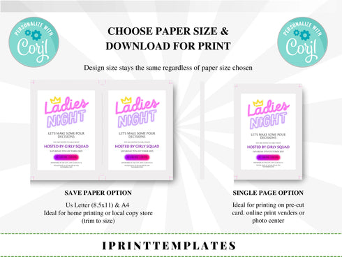 Editable Ladies Night Invitation, Ladies Night, Girls Night In, Bachelorette, Birthday, Cocktails, Pink, Print or Text Invite