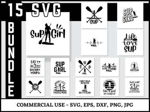 SUP SVG Bundle | Stand Up Paddle Boarding SVG PNG DXF EPS | SUP Girl Lake Life Surfing Cut Files for Cricut | Paddleboard Vector Design