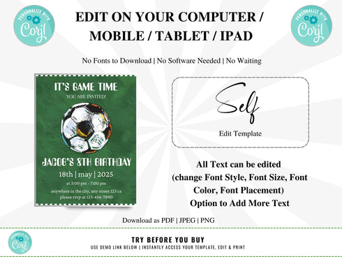 Soccer Birthday Invitation, Soccer Birthday Invitation Template Printable, Soccer Invitation Digitally Editable in Corjl, Kids Party Invite