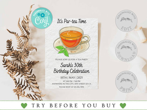 Editable Tea Party Birthday Invitation, Par-Tea Invitation, Girl Par-Tea Invite, Whimsical Tea Party Invites, Digital Tea Party Invitation