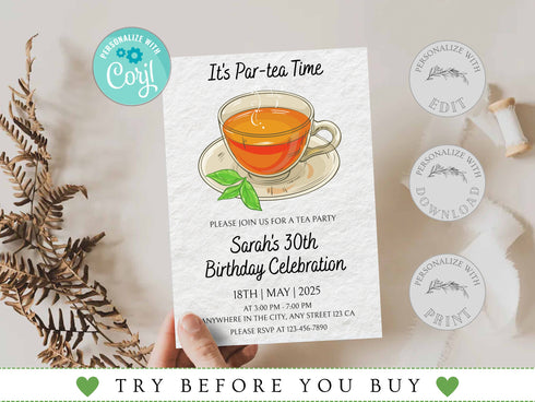 Editable Tea Party Birthday Invitation, Par-Tea Invitation, Girl Par-Tea Invite, Whimsical Tea Party Invites, Digital Tea Party Invitation