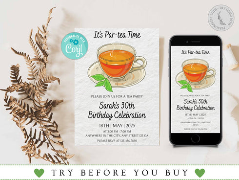Editable Tea Party Birthday Invitation, Par-Tea Invitation, Girl Par-Tea Invite, Whimsical Tea Party Invites, Digital Tea Party Invitation
