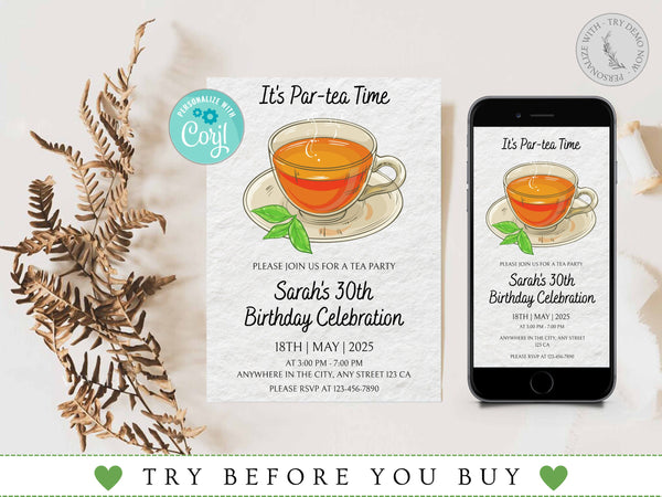 Editable Tea Party Birthday Invitation, Par-Tea Invitation, Girl Par-Tea Invite, Whimsical Tea Party Invites, Digital Tea Party Invitation