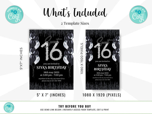Editable Sweet Sixteen Invitation Template, Digital Sweet Sixteen Birthday Invitation, 16th Editable Invite, Sweet 16 Invitation