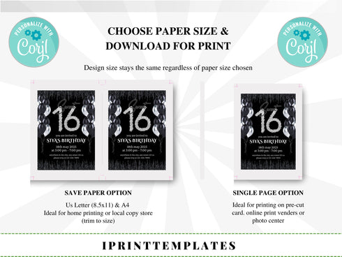 Editable Sweet Sixteen Invitation Template, Digital Sweet Sixteen Birthday Invitation, 16th Editable Invite, Sweet 16 Invitation
