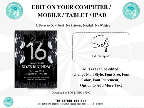 Editable Sweet Sixteen Invitation Template, Digital Sweet Sixteen Birthday Invitation, 16th Editable Invite, Sweet 16 Invitation
