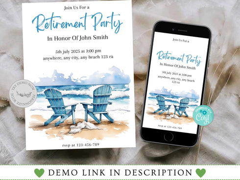 Retirement Beach Party Invitation Template, Beach Retirement Party Invitation, Beach Theme Retirement Party, Retirement Celebration, Corjl