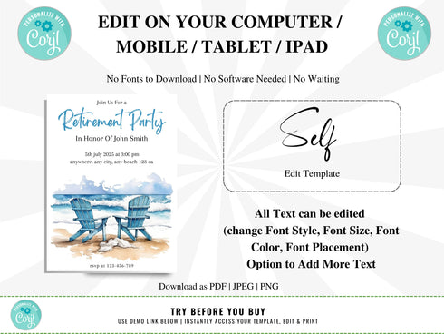Retirement Beach Party Invitation Template, Beach Retirement Party Invitation, Beach Theme Retirement Party, Retirement Celebration, Corjl
