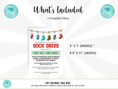 Winter Sock Drive Flyer Template, Sock Drive, Nonprofit Charity Community Donations, Event Flyer, School Church Fundraiser Invite