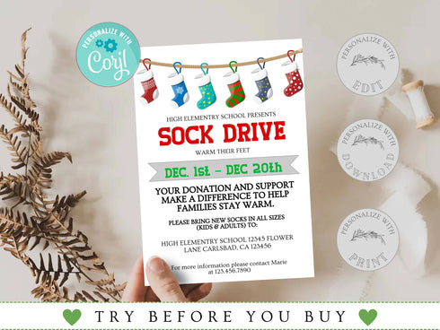 Winter Sock Drive Flyer Template, Sock Drive, Nonprofit Charity Community Donations, Event Flyer, School Church Fundraiser Invite