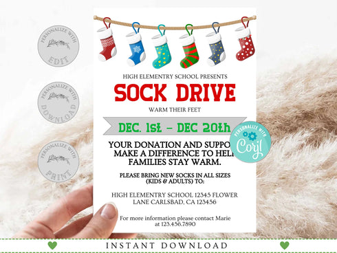 Winter Sock Drive Flyer Template, Sock Drive, Nonprofit Charity Community Donations, Event Flyer, School Church Fundraiser Invite