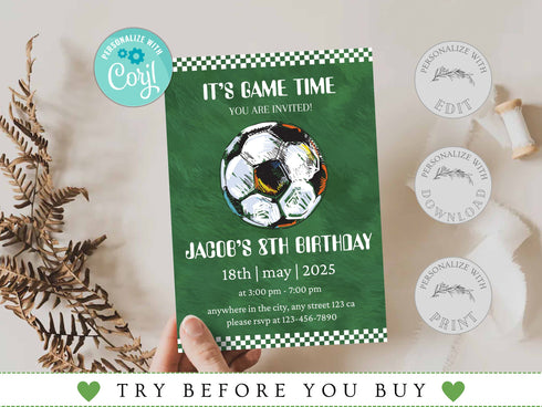 Soccer Birthday Invitation, Soccer Birthday Invitation Template Printable, Soccer Invitation Digitally Editable in Corjl, Kids Party Invite