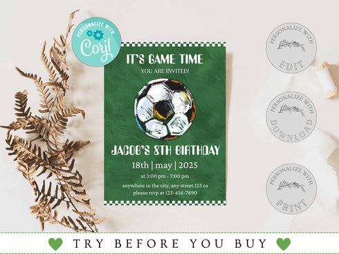 Soccer Birthday Invitation, Soccer Birthday Invitation Template Printable, Soccer Invitation Digitally Editable in Corjl, Kids Party Invite
