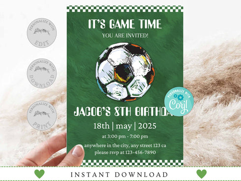 Soccer Birthday Invitation, Soccer Birthday Invitation Template Printable, Soccer Invitation Digitally Editable in Corjl, Kids Party Invite