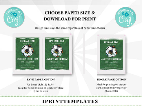 Soccer Birthday Invitation, Soccer Birthday Invitation Template Printable, Soccer Invitation Digitally Editable in Corjl, Kids Party Invite