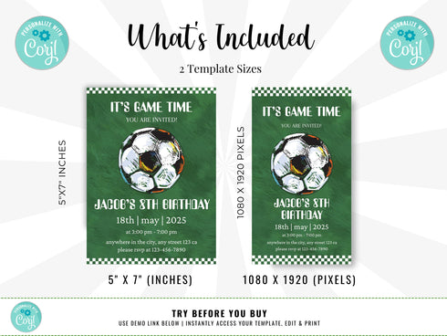 Soccer Birthday Invitation, Soccer Birthday Invitation Template Printable, Soccer Invitation Digitally Editable in Corjl, Kids Party Invite