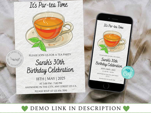 Editable Tea Party Birthday Invitation, Par-Tea Invitation, Girl Par-Tea Invite, Whimsical Tea Party Invites, Digital Tea Party Invitation