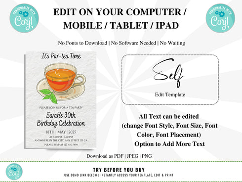 Editable Tea Party Birthday Invitation, Par-Tea Invitation, Girl Par-Tea Invite, Whimsical Tea Party Invites, Digital Tea Party Invitation