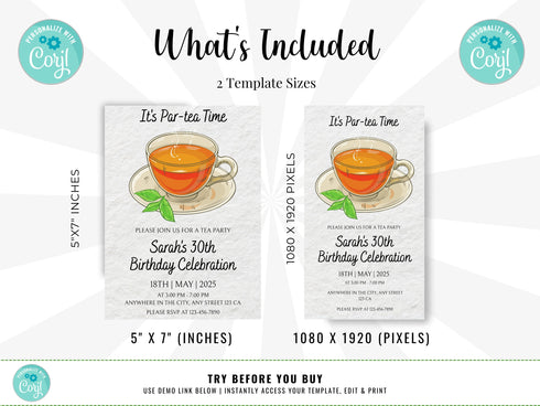 Editable Tea Party Birthday Invitation, Par-Tea Invitation, Girl Par-Tea Invite, Whimsical Tea Party Invites, Digital Tea Party Invitation