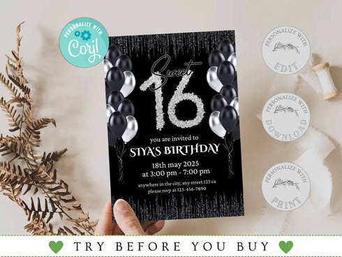 Editable Sweet Sixteen Invitation Template, Digital Sweet Sixteen Birthday Invitation, 16th Editable Invite, Sweet 16 Invitation
