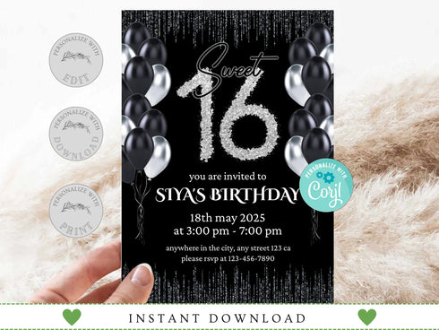 Editable Sweet Sixteen Invitation Template, Digital Sweet Sixteen Birthday Invitation, 16th Editable Invite, Sweet 16 Invitation