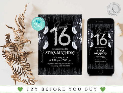Editable Sweet Sixteen Invitation Template, Digital Sweet Sixteen Birthday Invitation, 16th Editable Invite, Sweet 16 Invitation