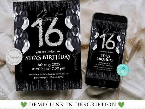 Editable Sweet Sixteen Invitation Template, Digital Sweet Sixteen Birthday Invitation, 16th Editable Invite, Sweet 16 Invitation