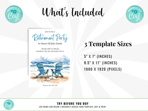 Retirement Beach Party Invitation Template, Beach Retirement Party Invitation, Beach Theme Retirement Party, Retirement Celebration, Corjl