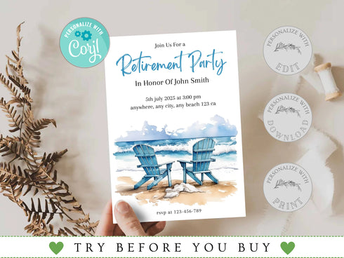 Retirement Beach Party Invitation Template, Beach Retirement Party Invitation, Beach Theme Retirement Party, Retirement Celebration, Corjl