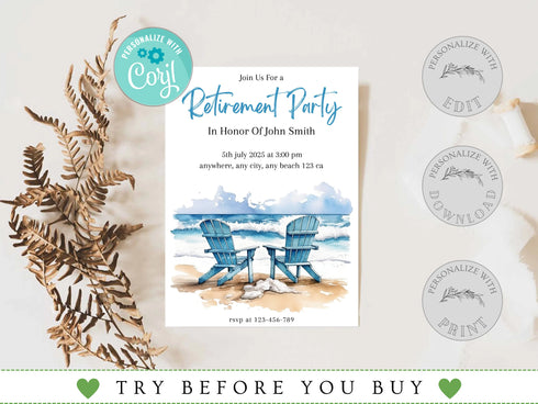 Retirement Beach Party Invitation Template, Beach Retirement Party Invitation, Beach Theme Retirement Party, Retirement Celebration, Corjl