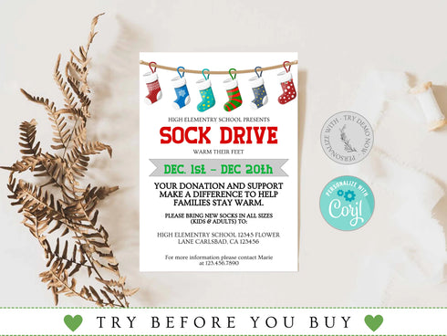 Winter Sock Drive Flyer Template, Sock Drive, Nonprofit Charity Community Donations, Event Flyer, School Church Fundraiser Invite